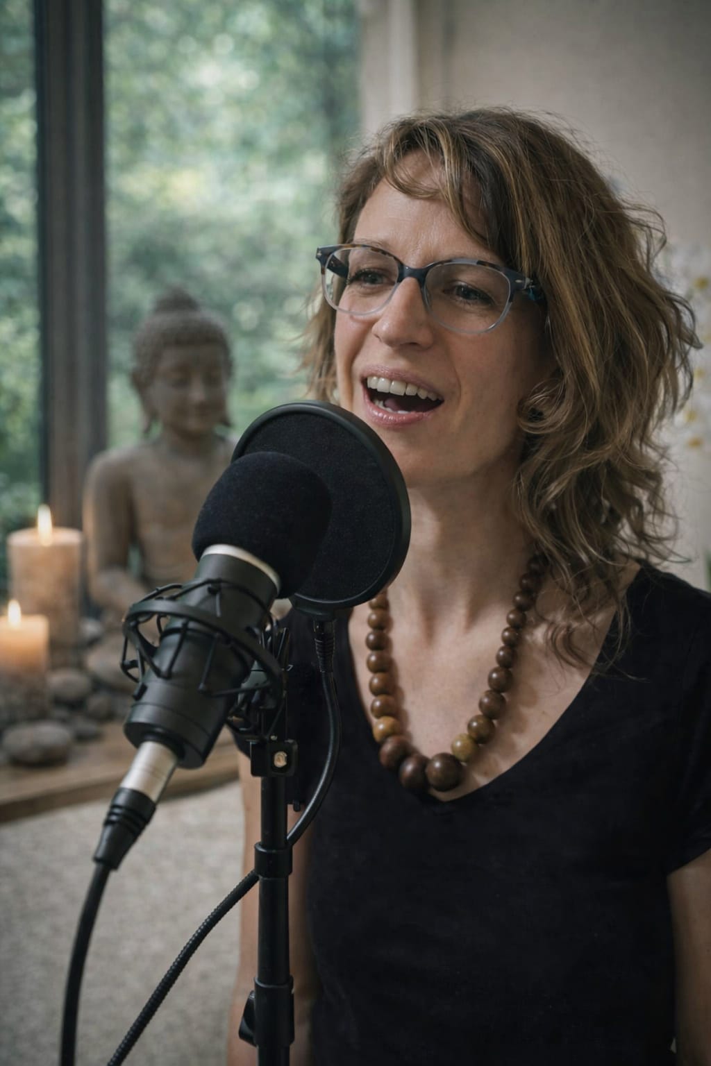 tilt-shift lens photography of person wearing headphones facing body of water through window of a dark room
